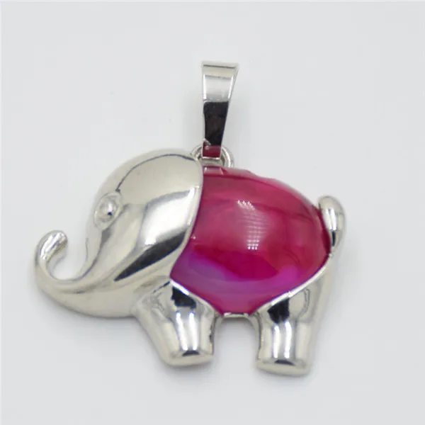 Fashion Silver Color Cute Animal Elephant Natural Stone Crystal Bead Pink Quartzs Tiger Eye Necklace Pendant for Women Men Charm - Окраска металла: rose veins agates
