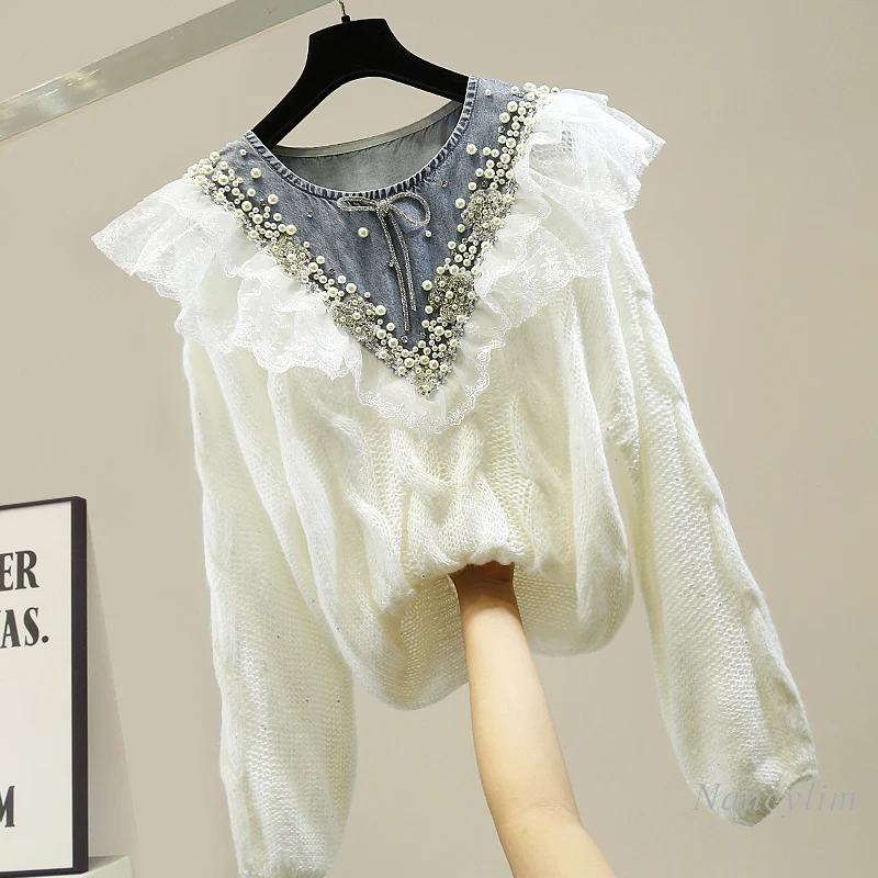 Knit Top Woman Handmade Beaded Denim Stitching