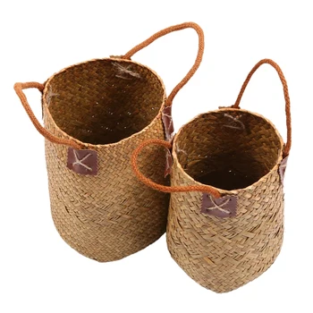 

Home Garden Seagrass Laundry Basket Storage Baskets Hanging Basket Flower Pots Vase Planter Organizer Packs Bags,2 Pack