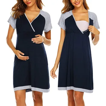 

Women Maternity Short Sleeve V-neck Nursing Maternity Dresses Patchwork Comfortable Nightdress Breastfeeding Dress femme robe