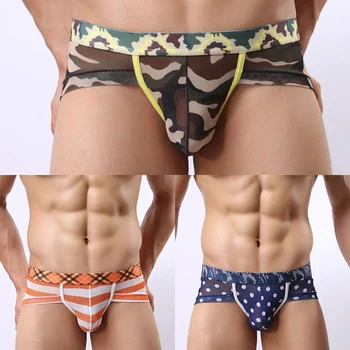 

Men Mesh Sexy Breathable Low Waist Underwear Men's Transparent Underwear Camouflage Underpants Printed Briefs