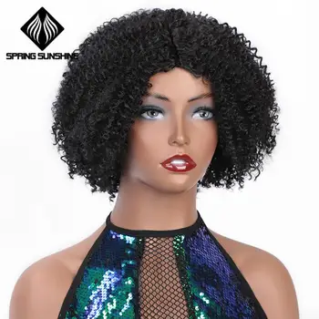 

Spring sunshine 6inch Short Afro Kinky Curly Synthetic Wigs Middle Part Natural Black Jerry Curl Cosplay Party Wig Daily Wear