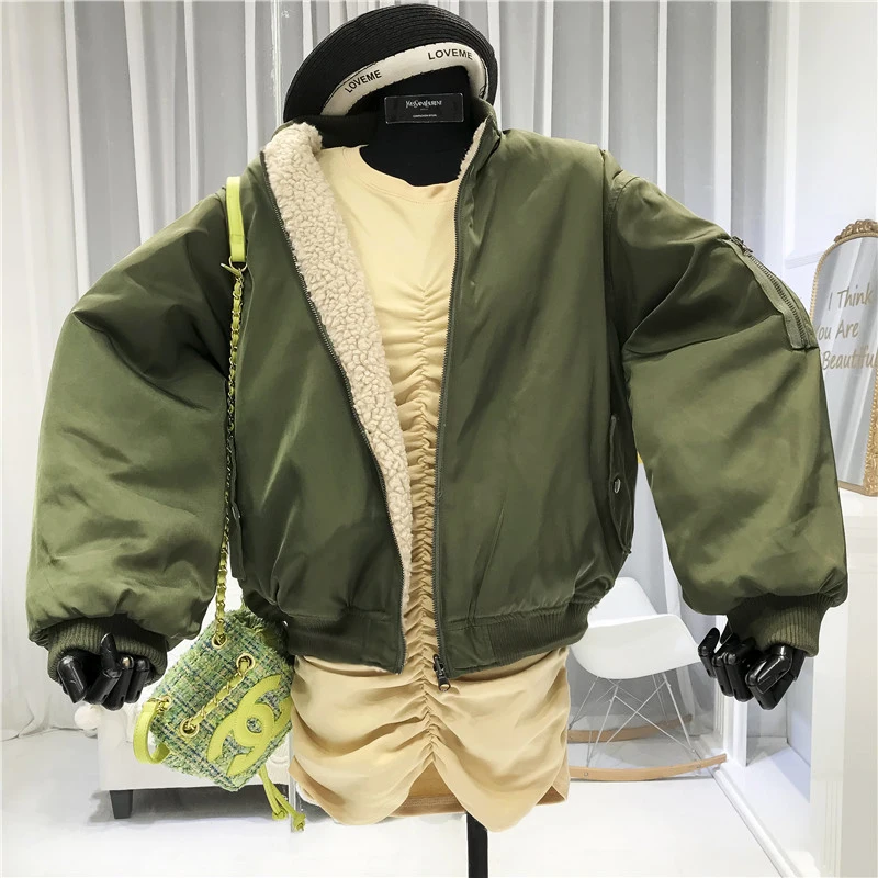 Женская куртка-бомбер Twotwinstyle, флисовая одежда с обеих сторон, с круглым вырезом, на молнии, свободные зимние пальто и куртки для женщин