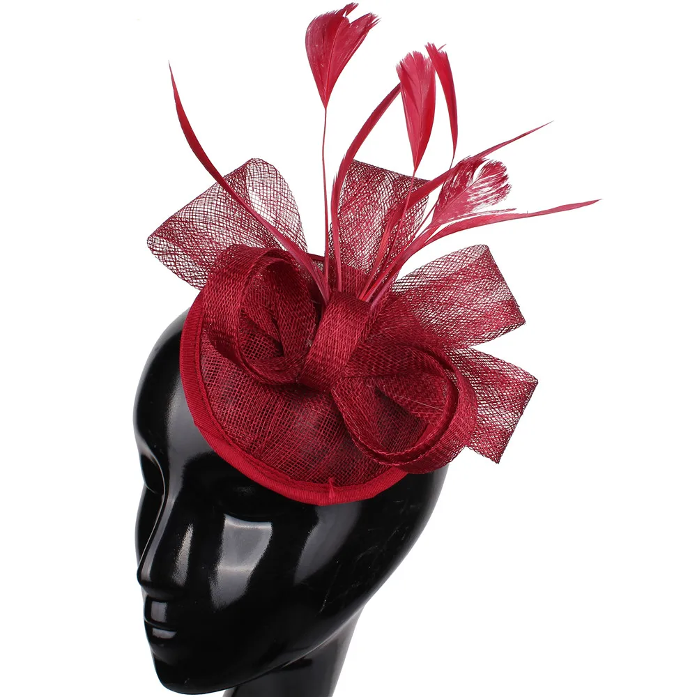 Свадебные головные уборы и ткань цветок с перьями вуалетки цвета слоновой кости черный красный синий розовый 17 цветов - Цвет: Бургундия