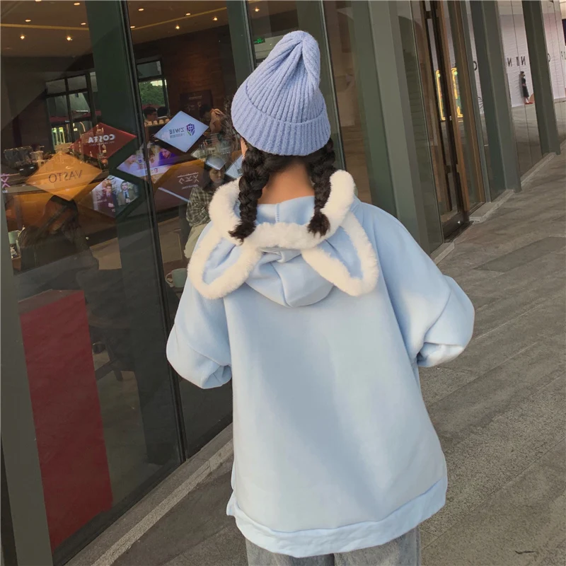 Harajuku Толстовка Женская синяя однотонная Kawaii Большие размеры корейский стиль модная одежда Женская толстовка с капюшоном Женская Толстая Повседневная Мягкая