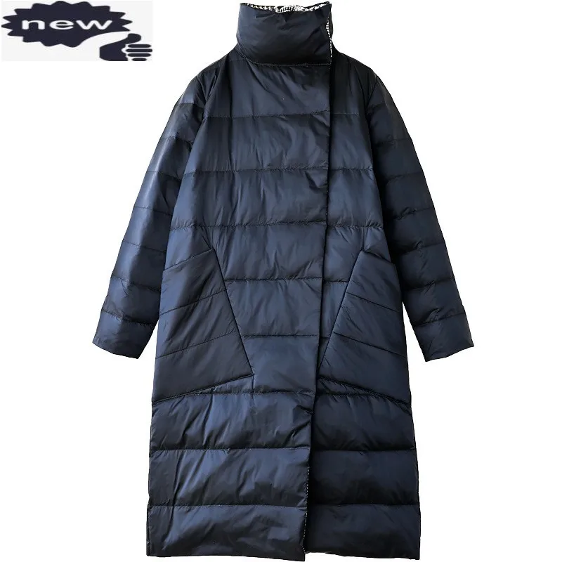 

Women Winter Light Weight Mid Long White Duck Down Jacket Reversible Plaid Outwear Coat Vintage Ladies Warm Windbreaker Jackets