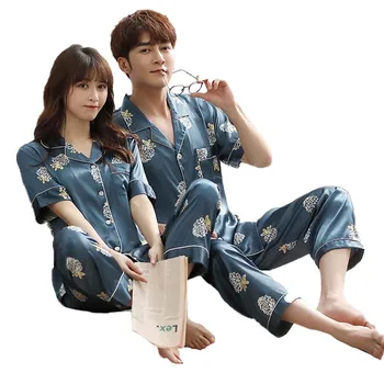 

Spring and summer new couple pajamas silk short sleeve cardigan pants ice silk home clothes set