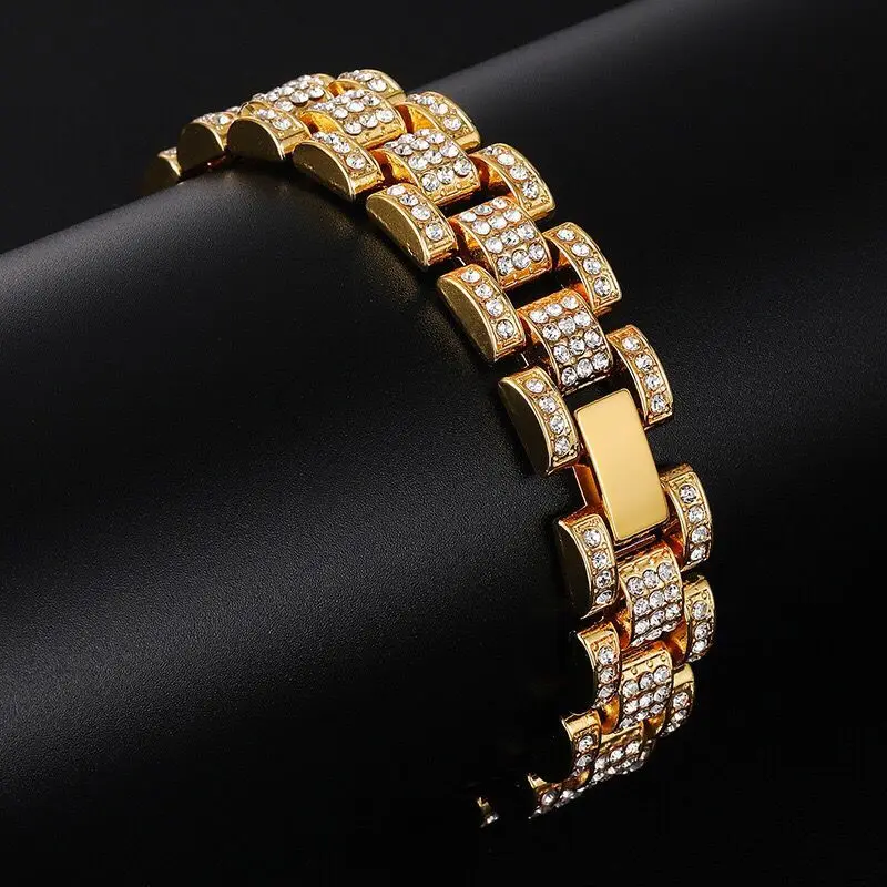 MxGxFam(22 см* 15 мм) хип-хоп золотой цвет 15 мм Полные Кристаллы часы браслеты для мужчин модные украшения
