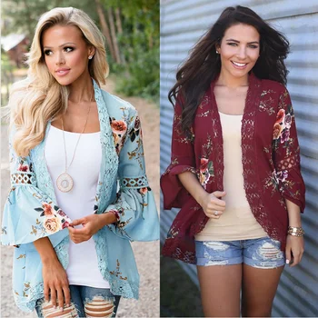 

Autumn Women Cardigan Printed Hollow Out Lace Pacthwork Three Quarter Sleeve Flare Sleeve Casual Loose Coats Plus Size Coats