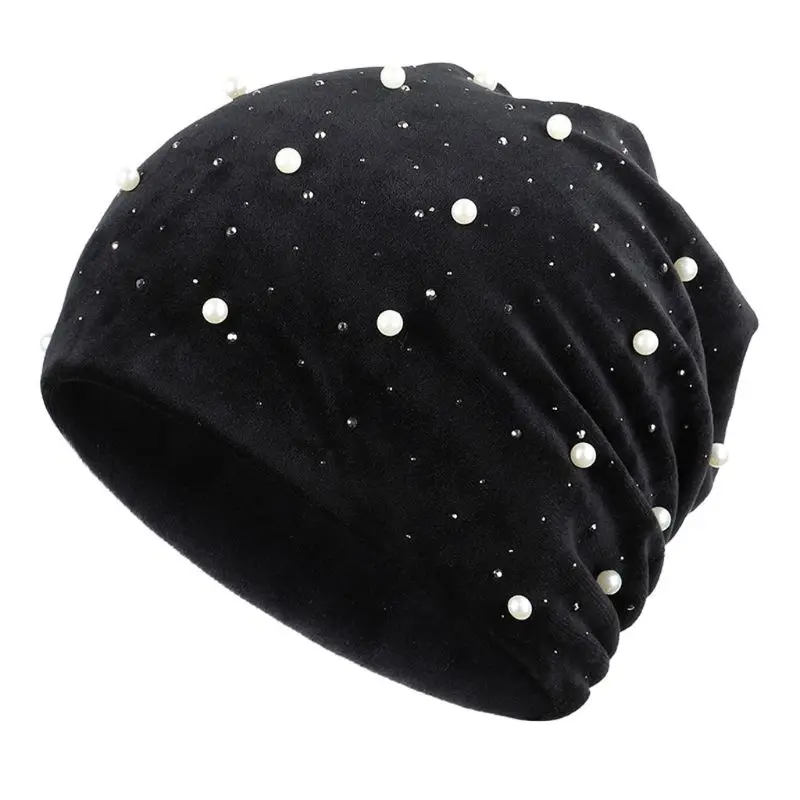 Черный Женские зимние бархатные шапки Skullies, мягкие теплые блестящие шапки с жемчугом, стразы, женские бархатные шапки Skullies - Цвет: Черный