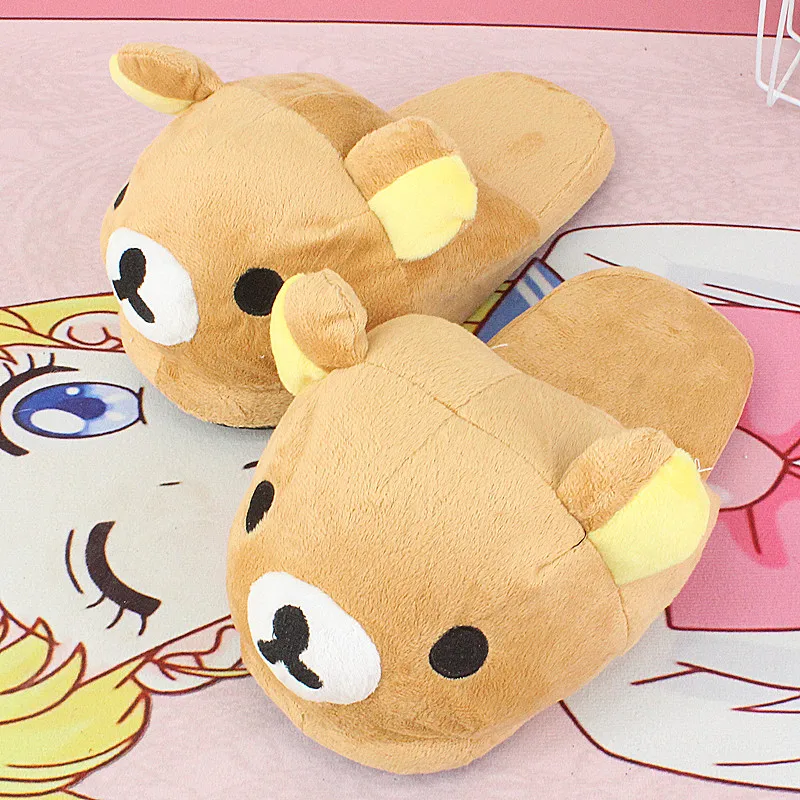 Rilakkuma/Хлопковые домашние тапочки; Плюшевые игрушечные тапочки с рисунками; домашние тапочки с большими головками; пушистые тапочки на плоской подошве