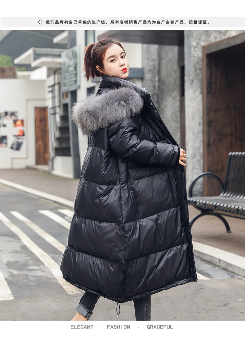 Thick over-the-Knee Long Solid Color Really Raccoon ling liang Surface down Jacket Women's Loose-Fit Slimming White Duck do