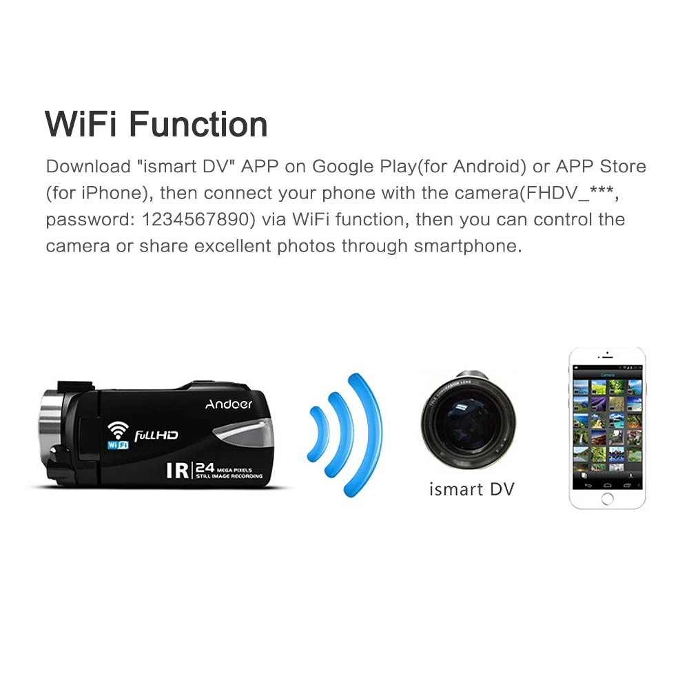 Andoer 1080P FHD 24M WiFi Digital Video Camera Camcorder Recorder DV IR Night Vision 16X Zoom Remote Control WiFi Video Camera