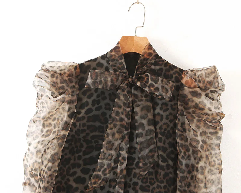 Прозрачная женская блузка, леопардовая рубашка, осень, новая мода, бант, воротник с пышными рукавами, современные женские солнцезащитные Топы