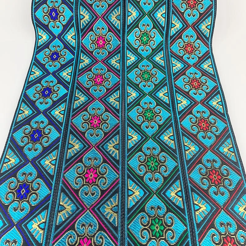 

7 Yards 5CM Blue Gold Woven Jacquard Ribbon Embroidery National Webbing Vintage Ethnic Lace Trim DIY Clothes Accessories Fabric