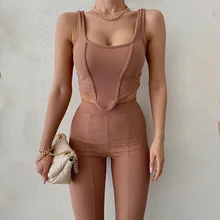 Autumn New Sports Suit 2-piece Sexy Sleeveless Tight Crop Top + High Waist Slit Tights Suit Fashion Elegant Casual Suit