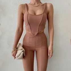 Nouveau costume de sport 2 pièces Sexy sans manches, haut court moulant + taille haute, fente latérale, costume élégant décontracté 