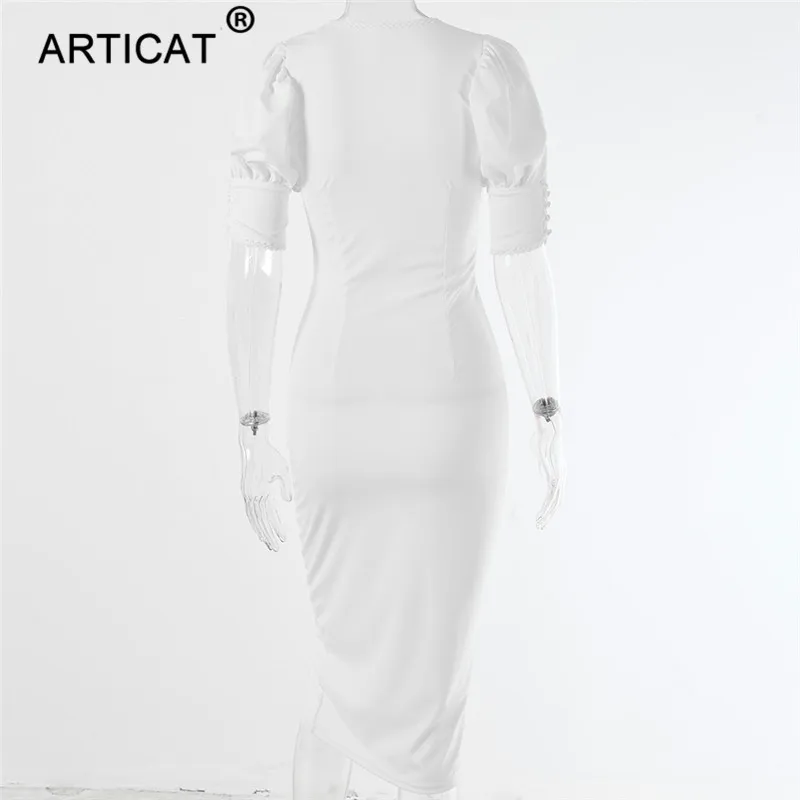 Articat глубокий v-образный вырез с пышными рукавами сексуальное облегающее платье для женщин с открытыми пуговицами разрезное длинное платье-карандаш модное дамское повседневное осеннее платье