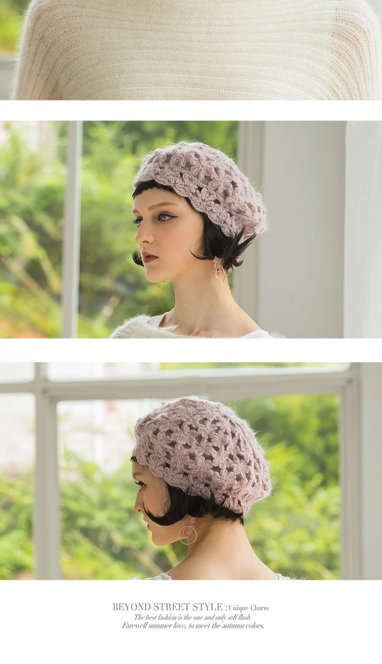 Flower Double-decker Beret Hat Women Spring Autumn Korean Berets Cap Girl Sweet Cute Knitted Hats Female Fashion Warm Caps H6772