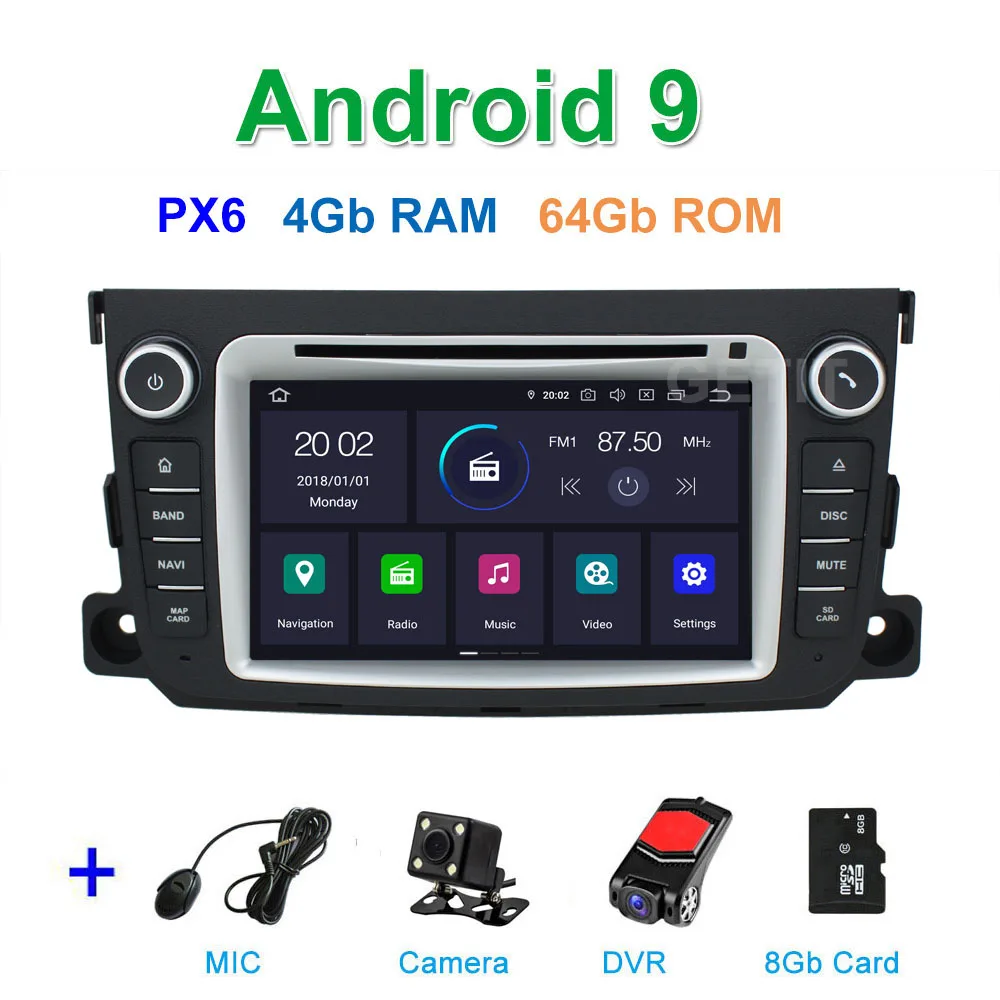 DSP 64G PX6 Android 9 Автомобильный DVD стерео плеер gps для Mercedes/Benz Smart Fortwo 2011- с радио BT WiFi - Цвет: PX6 4G CAM DVR SD