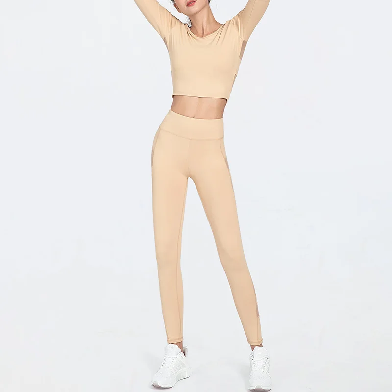 Yoga Set Women Seamless Fitness Sports Suits Five-point sleeve Fashion Shirts High Waist Leggings Mesh splicing Yoga Clothing