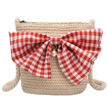 

New Cute Bowknot Straw Small Money Bag Coin Purses Women Mini Shoulder Bag Children Crossbody Bag Girl Beach Bag Kids Gifts Beig