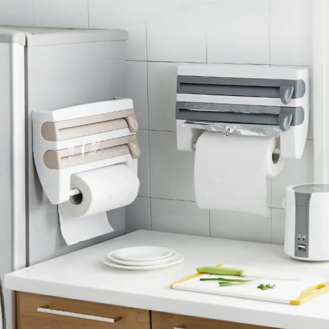 

4in1 Wall-Mount Foil Paper Towel Holder Sauce Bottle Storage Rack Food Grade Film Cutter Mutifunction Strainer Kitchen Organizer
