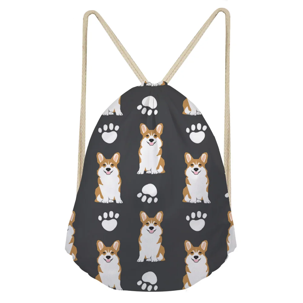 as pictures THIKIN Ladies Fashion Drawstring Bags for Women Cute Corgi Printing Shoulder Backpack Ladies String Beach Bag Feminine Sac A Dos - Цвет: as pictures