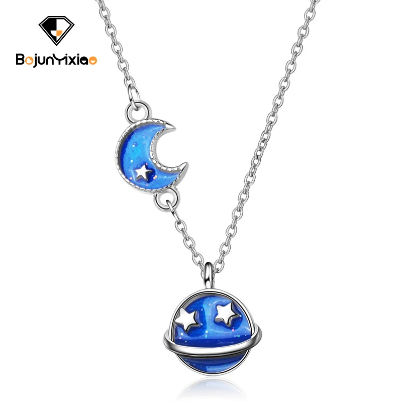 

Blue Star 925 Silver Necklace Fashionable and sweet student Pendant Star Moon small fresh neck chain Women's Necklace Jewelry