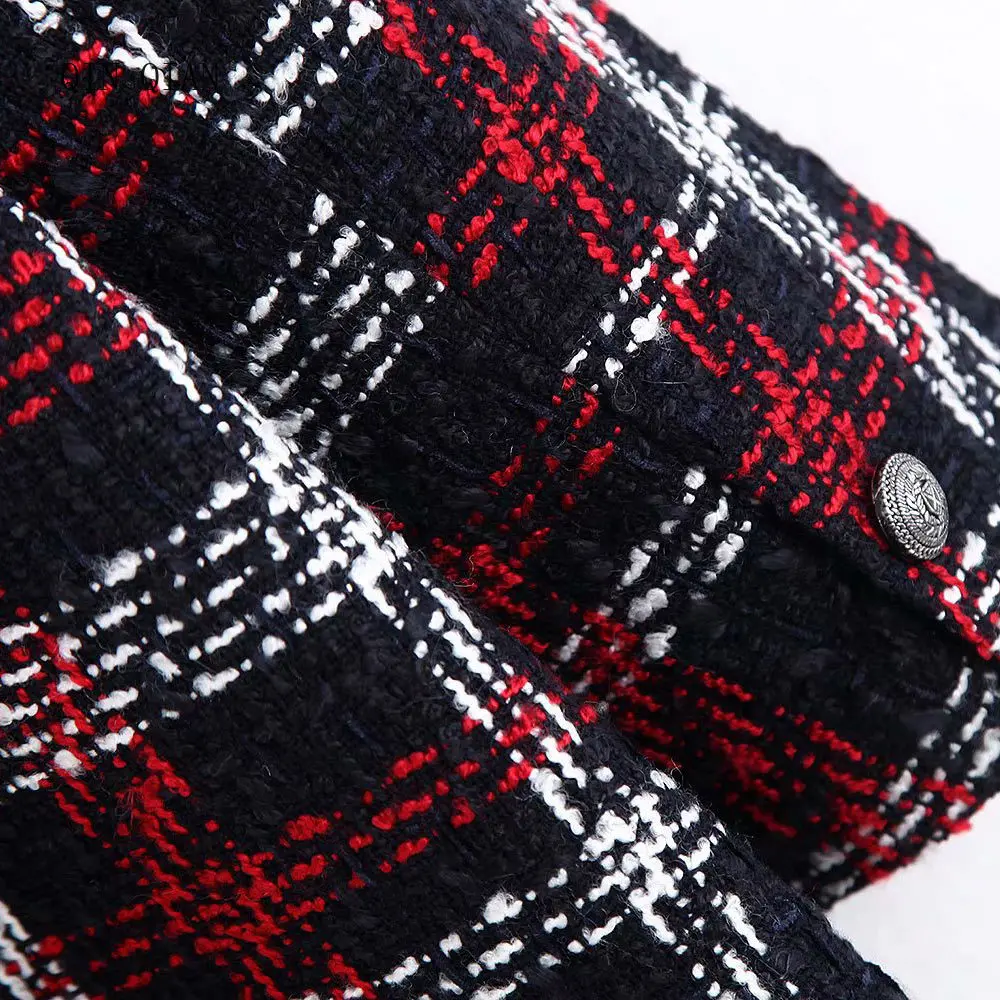 Women Office Lady Plaid Double Breasted Tweed Blazer Coat Vintage Fashion Long Sleeve Pockets Ladies Outerwear Chic Tops
