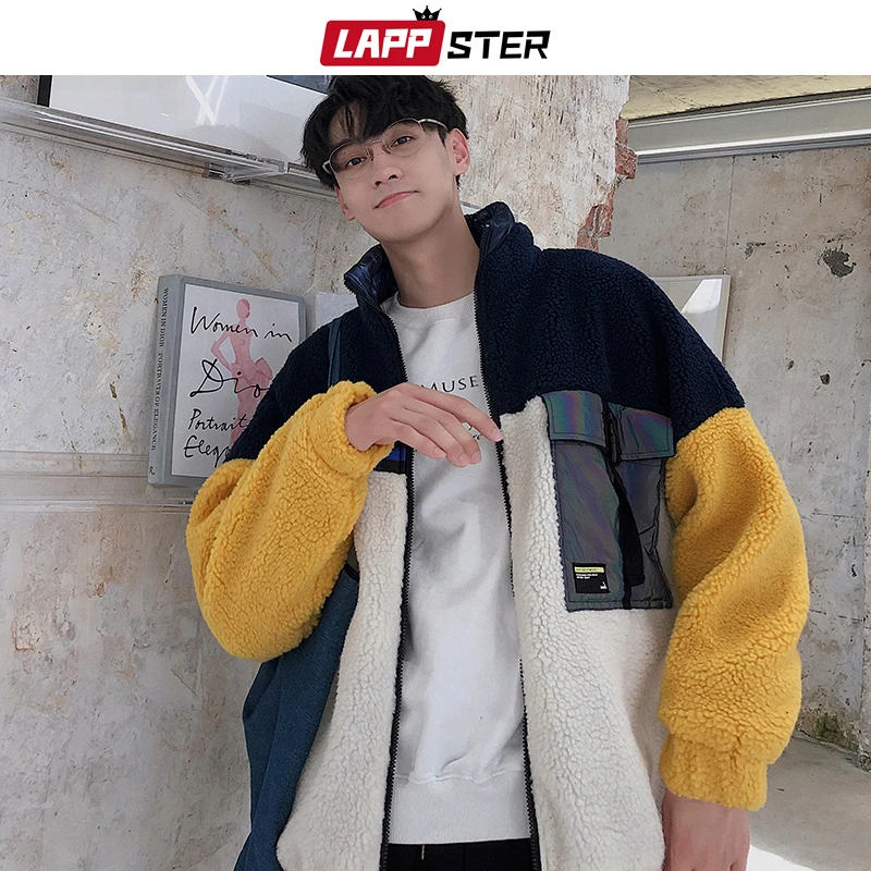 

Men Patchwork Streetwear Wool Jackets 2019 Winter Couple Streetwear Color Block Windbreaker Harajuku Thick Coats 5XL