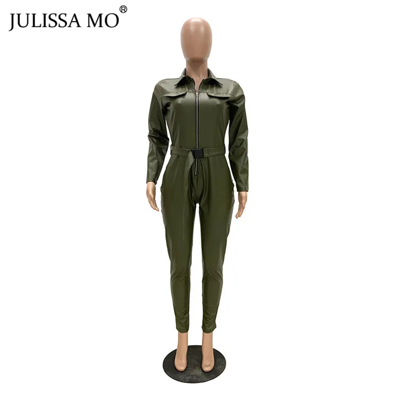 Julissa mo сексуальный женский комбинезон из искусственной кожи с отложным воротником на молнии Комбинезоны в обтяжку черные ремни Комбинезоны на Хэллоуин