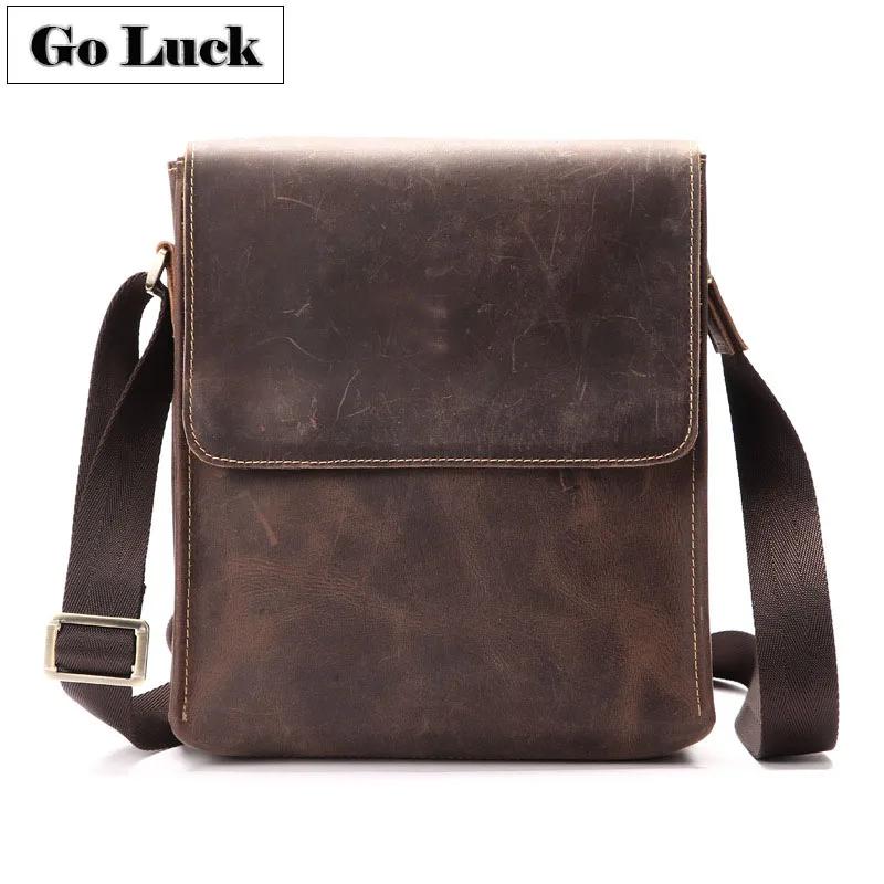 

GO-LUCK Brand Handmade Crazy Horse Genuine Leather Men Messenger Bags Men's Crossbody Shoulder Bag Business Ipad Flap Pack