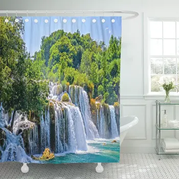 

Green Amazing Waterfall Forest Landscape Beautiful Cascade Waterproof Polyester Fabric Shower Curtain 72 x 72 inches Set