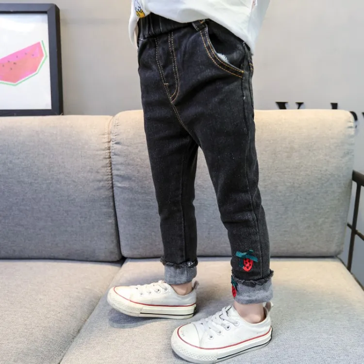 Girls' Trousers Autumn Medium-small Girls Strawberry Crimping Jeans Female Baby Autumn Clothing Korean-style Trousers
