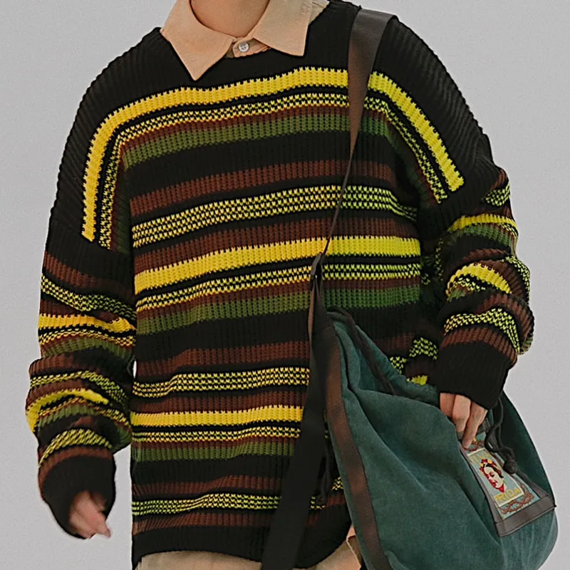 Autumn Striped Sweater Men Fashion Contrast Color Casual Knit Sweaters Men Loose Long-sleeved Pullover Sweter Man Clothes M-2XL