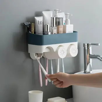 

Family Wall Hanging Toothbrush Holder Set With 3 Brushing Cups Puch Free Wall Storage Racks Bathroom Accessories Set