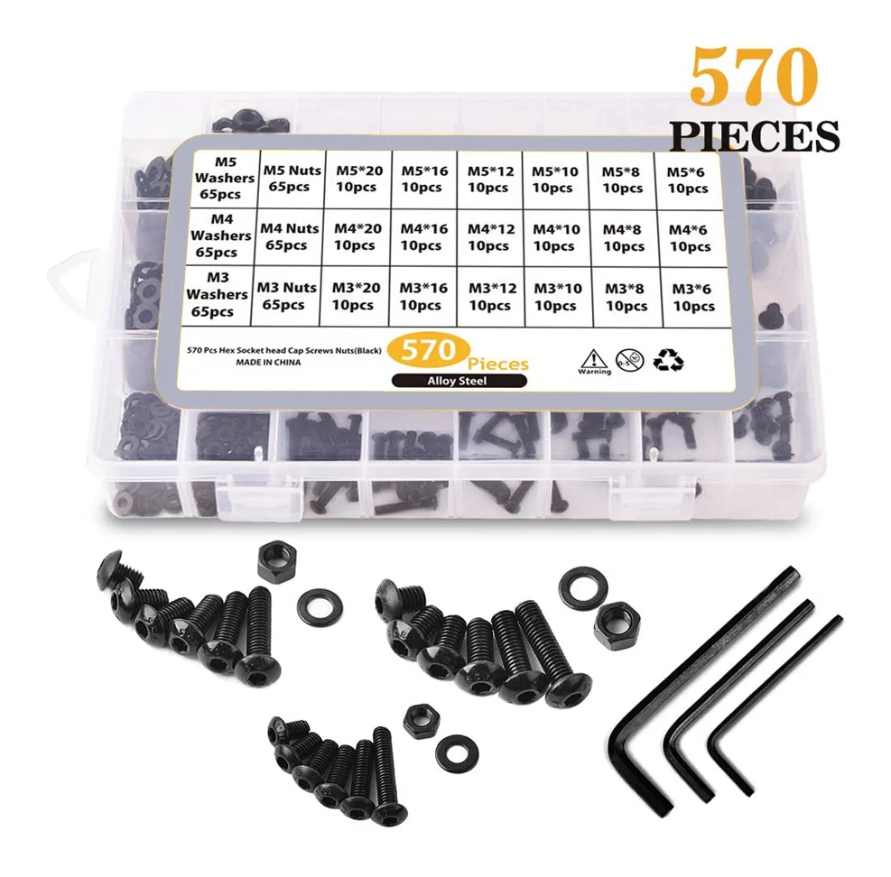 

570 Pcs High Quality M3 M4 M5 Alloy Steel Hex Socket Button Head Cap Nuts Flat Washers Kit Black Screw Assortment