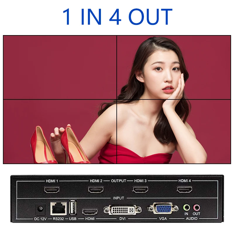 4 Channel Video Wall Controller 2x2 TV Wall Processor with RS232 Control for 4 TV Splicing Display