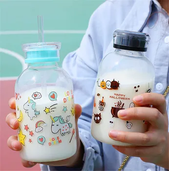 

450ml Glass Sippy Bottle Japanese Style Double Lids Straw Cup for Milk Tea Juice Portable Water Bottles with Scale Drinkware