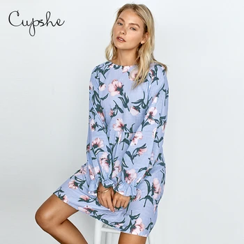 

CUPSHE Ruffled Floral Print Mini Dress Woman Casual Cotton Loose O-neck Long Sleeve Dress 2020 Beach Summer Sundress Vestidos