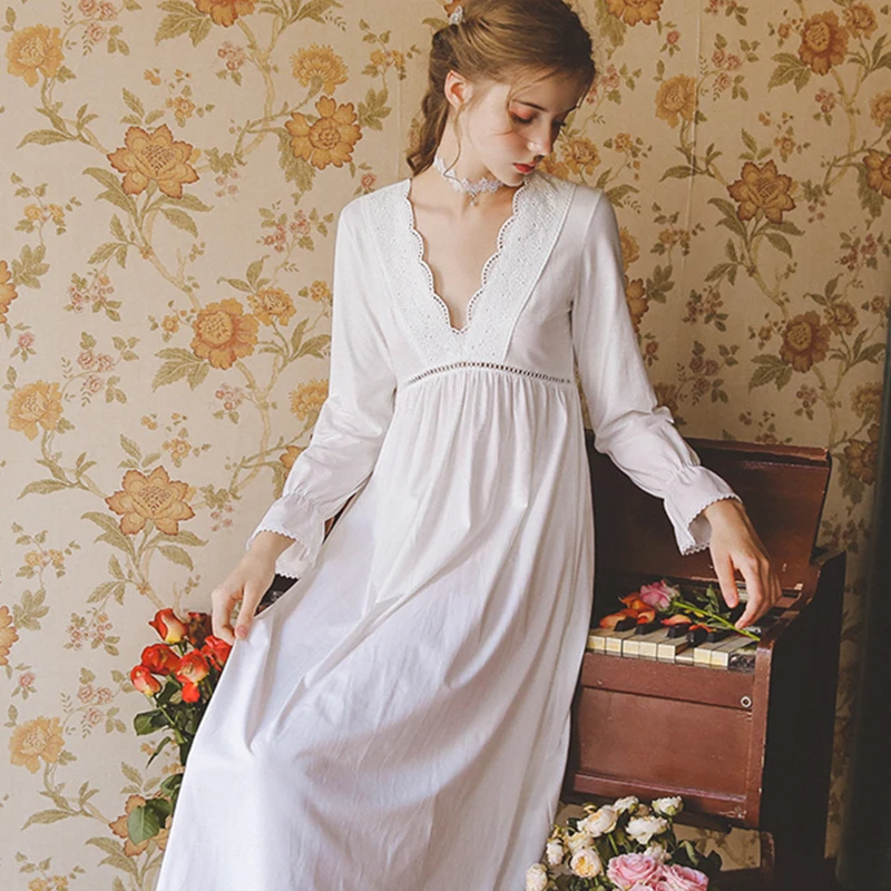 Женская хлопковая ночная рубашка с длинным рукавом и v образным вырезом