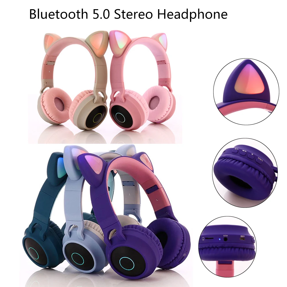 Люминесцентная гарнитура, беспроводные Bluetooth наушники, bluetooth-гарнитура с микрофоном, кошачьими ушками, Беспроводная Bluetooth Музыкальная гарнитура
