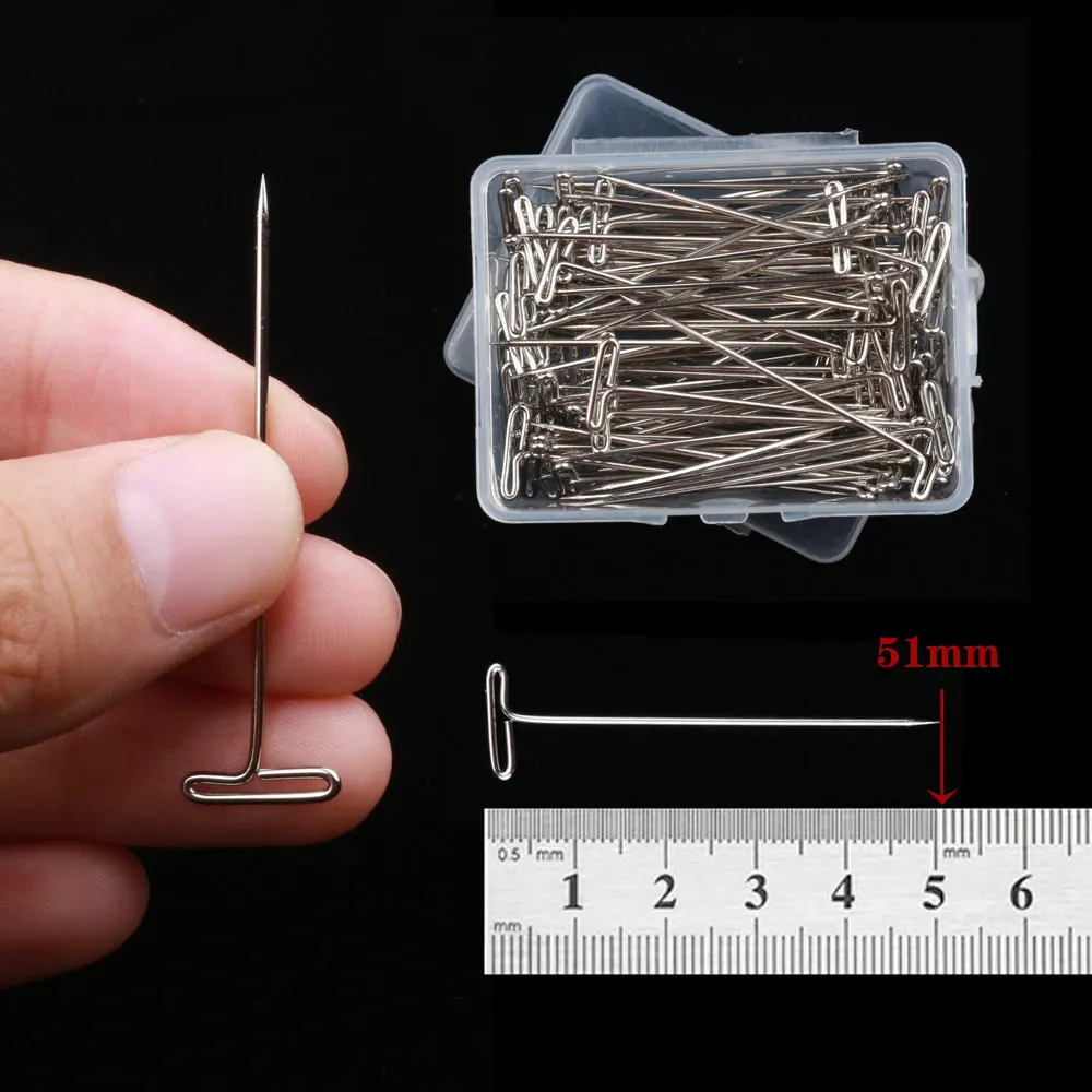 Wig Making T Pins 50/100pcs Long Silver Wig Pins for Wigs Making Display On Mannequin Canvas Head 38/51mm T Pins Needle Salon Styling Tools