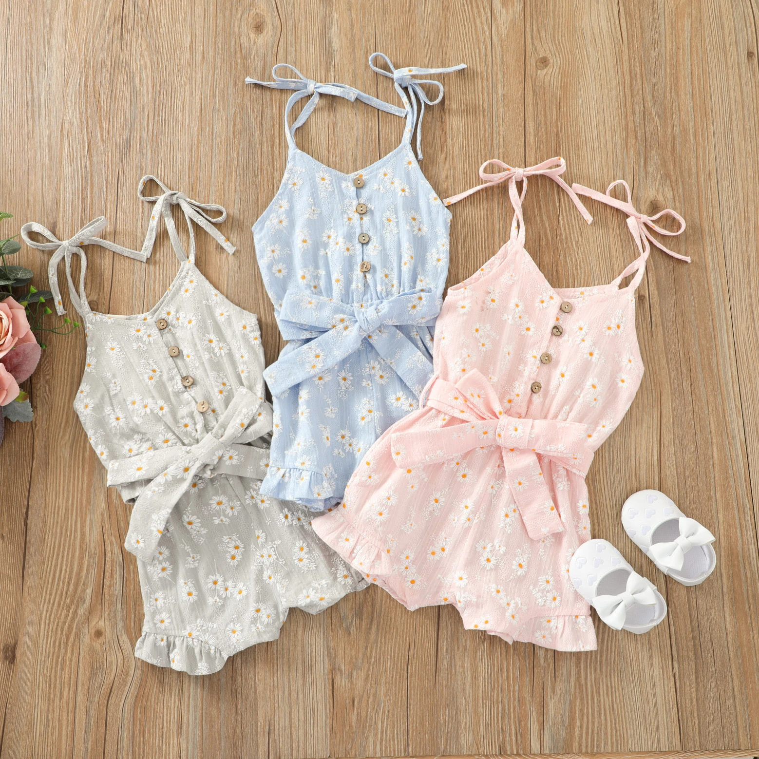 Toddler Baby Girl Clothes Flower Daisy Print Strap Romper Jumpsuit One
