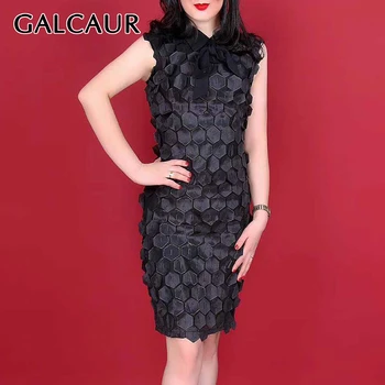 

GALCAUR Vintage Patchwork Dress For Woman Bowknot Collar Tank Sleeveless High Waist Slim Large Size Dresses Female Fashion 2020