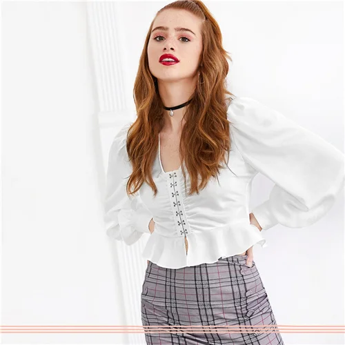 SHEIN x Madelaine белая блузка с v-образным вырезом и баской спереди, женские топы, осенние женские элегантные расклешенные блузки с рукавами-фонариками - Цвет: Белый