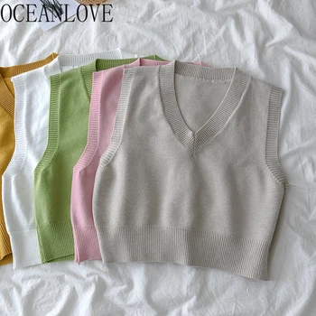 

OCEANLOVE Knit Wear Solid V Neck Short Women Sweaters Preppy Style Korean Winter Clothes Pull Femme 2020 Vests Ladies 18713