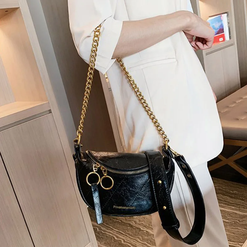 New Fashion Leather Fanny Pack Chain Fanny Pack Zipper Banana Bag Chest Bag Women High Capacity Anti-theft Shoulder Kidney Bag