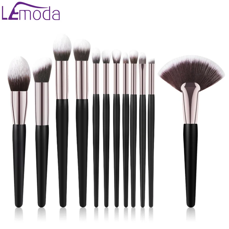 

Lemoda Makeup Brushes Set 12pcs Black Soft Fiber Foundation Eyeshadow Eyebrow POwder Brush For Face Professional Cosmitics Tools